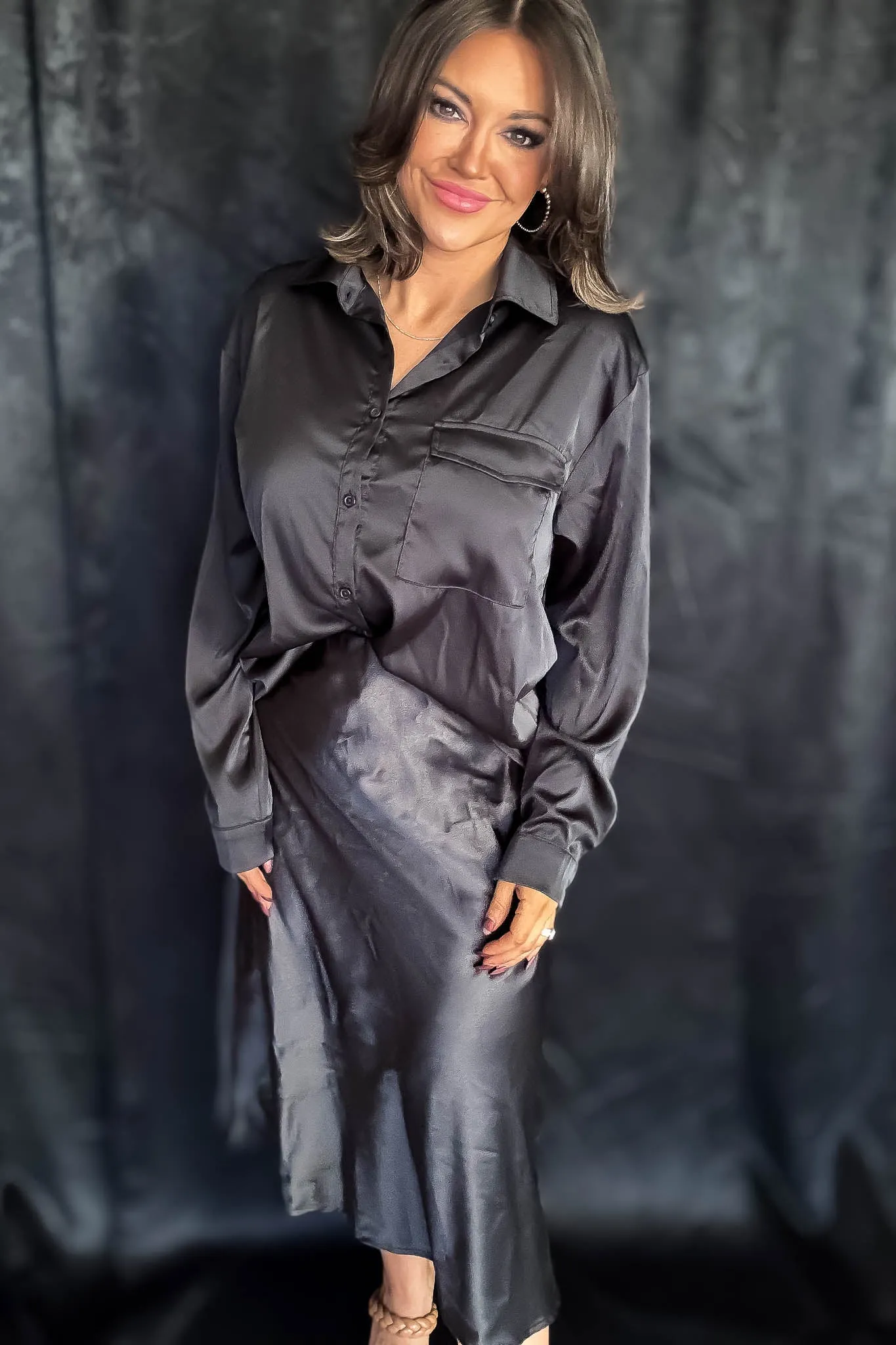 Satin Black Button Down Blouse