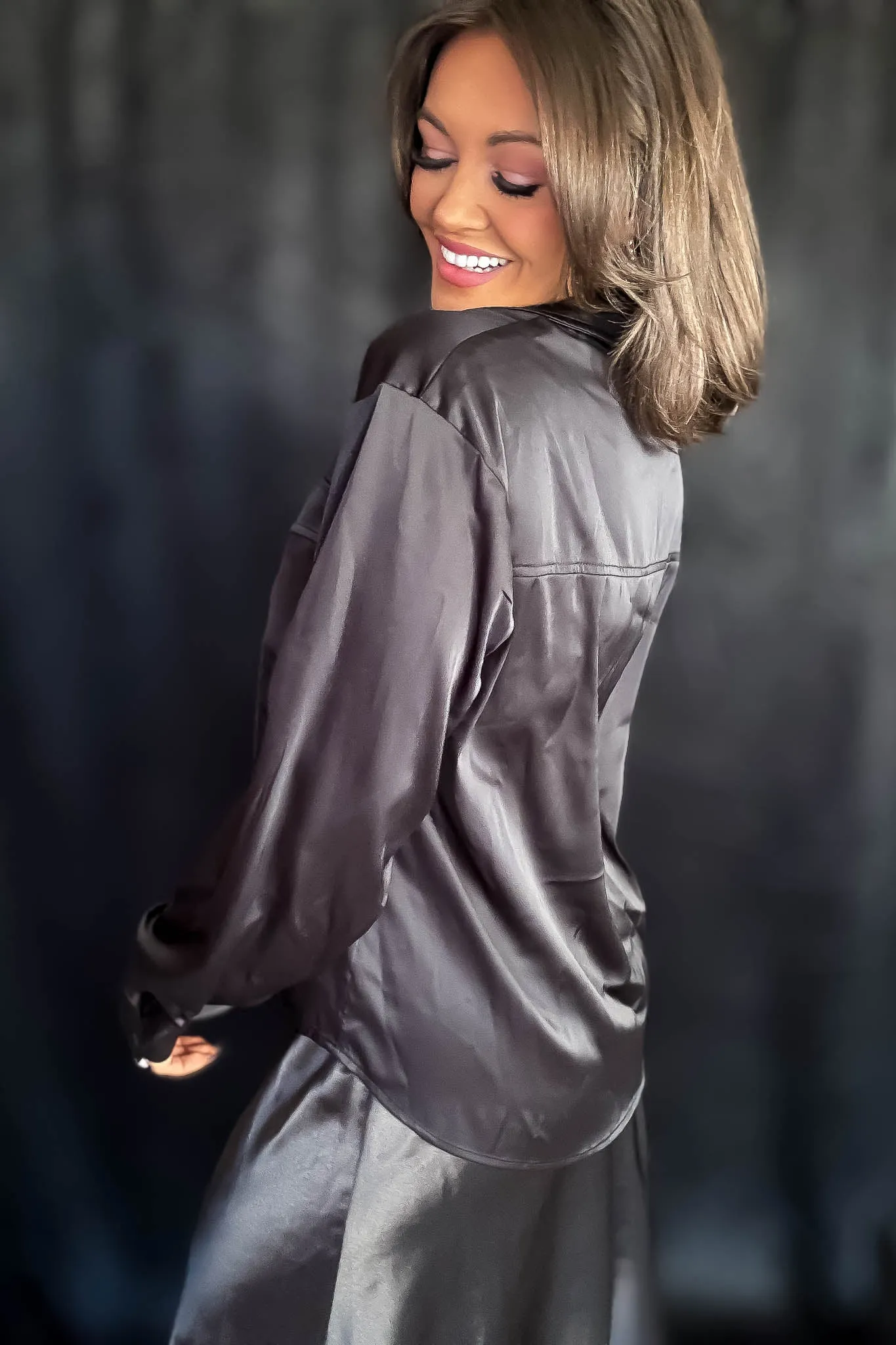 Satin Black Button Down Blouse