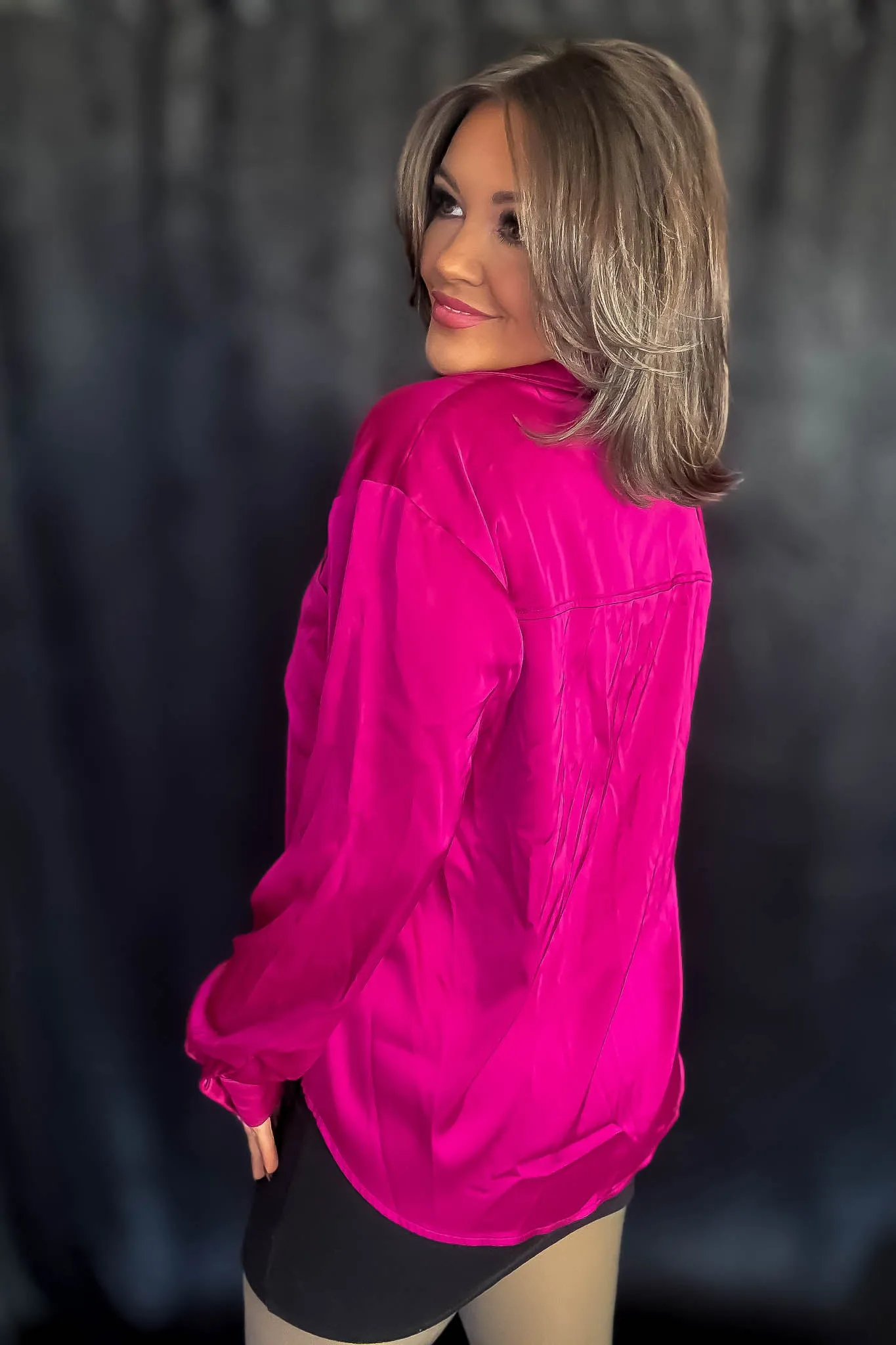 Satin Magenta Button Down Blouse