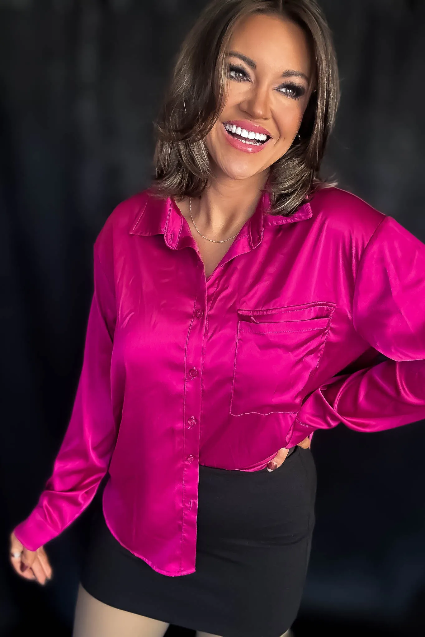 Satin Magenta Button Down Blouse