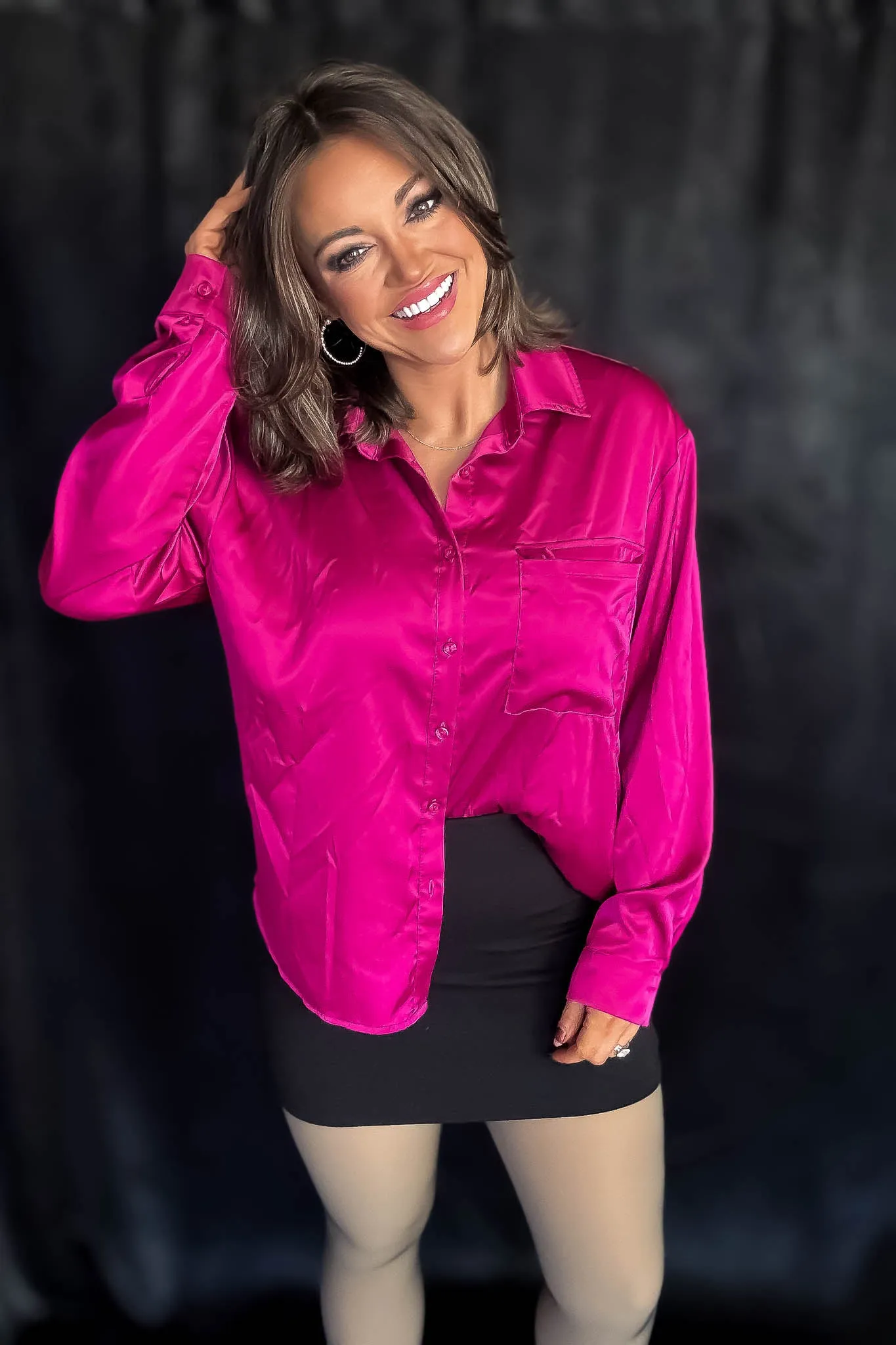 Satin Magenta Button Down Blouse