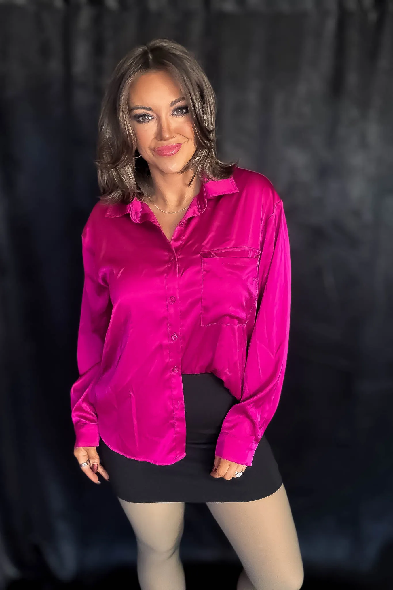 Satin Magenta Button Down Blouse