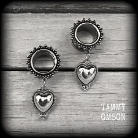 Silver heart tunnel earrings-Boho tunnels