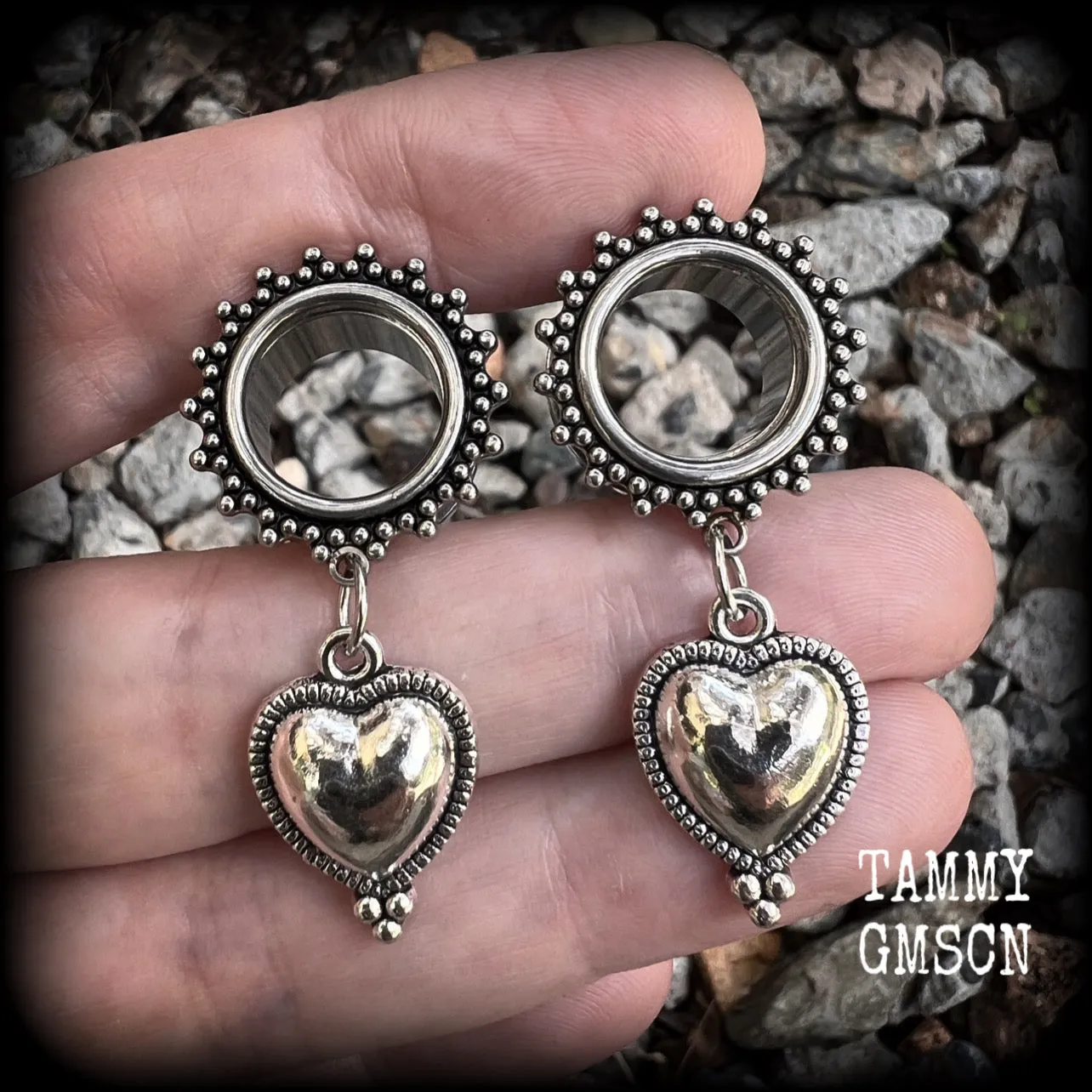Silver heart tunnel earrings-Boho tunnels