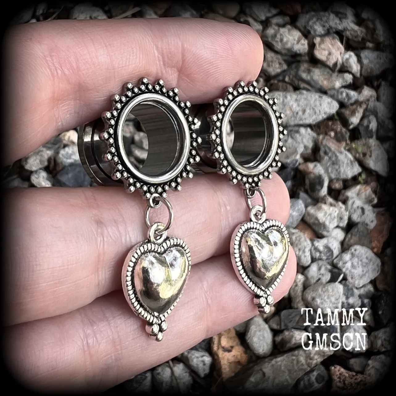 Silver heart tunnel earrings-Boho tunnels