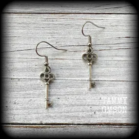 Small antique silver key earrings