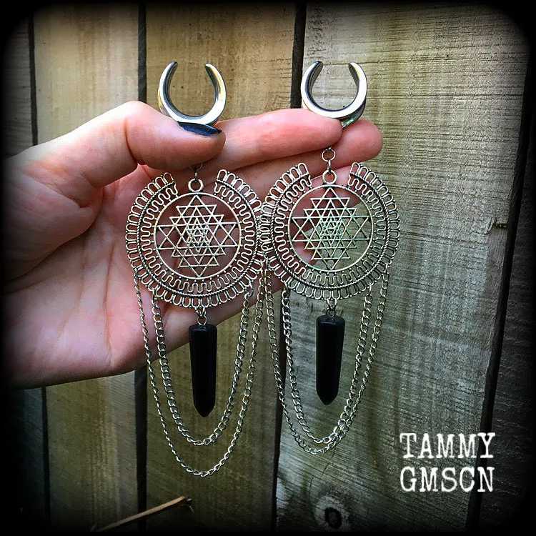 Sri yantra and black obsidian gauged earrings-Geometric ear hangers