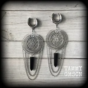 Sri yantra and black obsidian gauged earrings-Geometric ear hangers