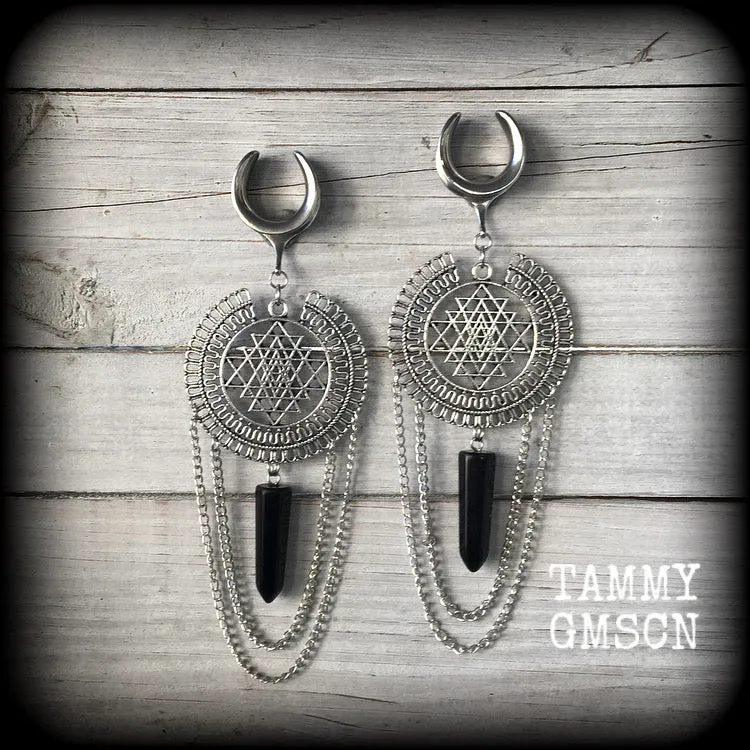 Sri yantra and black obsidian gauged earrings-Geometric ear hangers