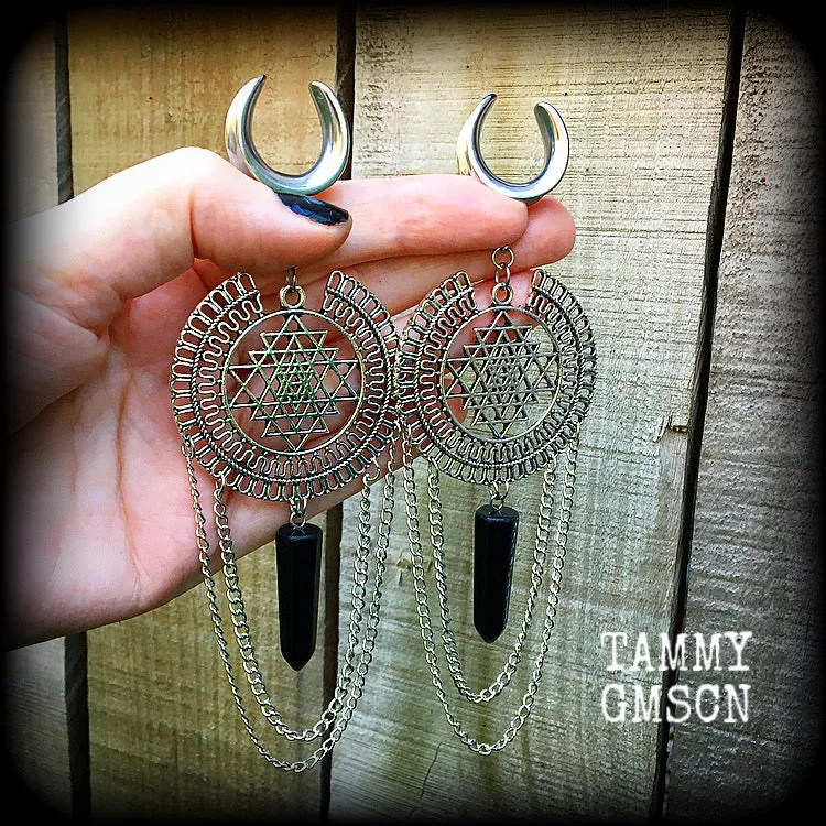 Sri yantra and black obsidian gauged earrings-Geometric ear hangers