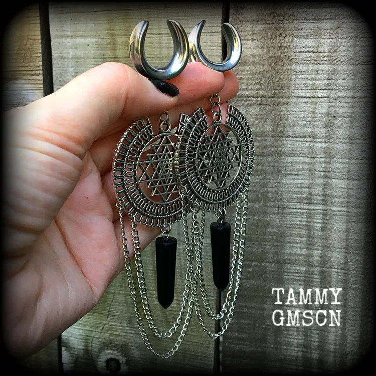 Sri yantra and black obsidian gauged earrings-Geometric ear hangers