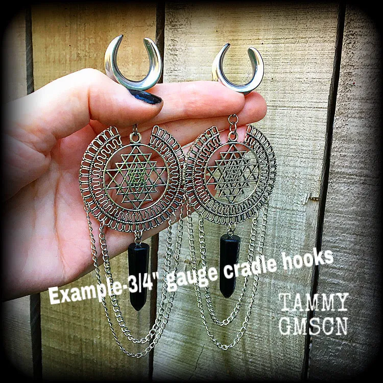 Sri yantra and black obsidian gauged earrings-Geometric ear hangers