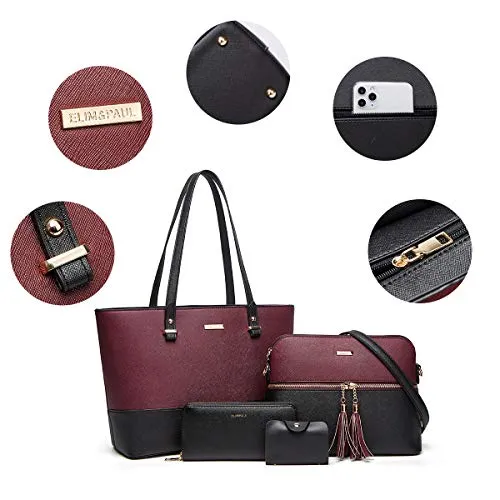 Women's Two-Tone Black & Wine Red 4-Piece Tote Bag, Shoulder Handbag, Clutch Wallet & Card Holder Set  (9 colors)