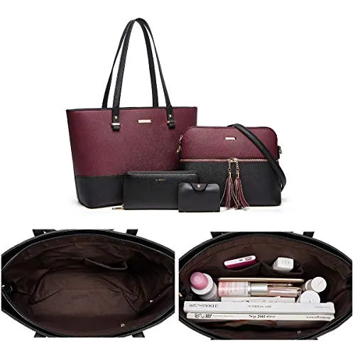 Women's Two-Tone Black & Wine Red 4-Piece Tote Bag, Shoulder Handbag, Clutch Wallet & Card Holder Set  (9 colors)