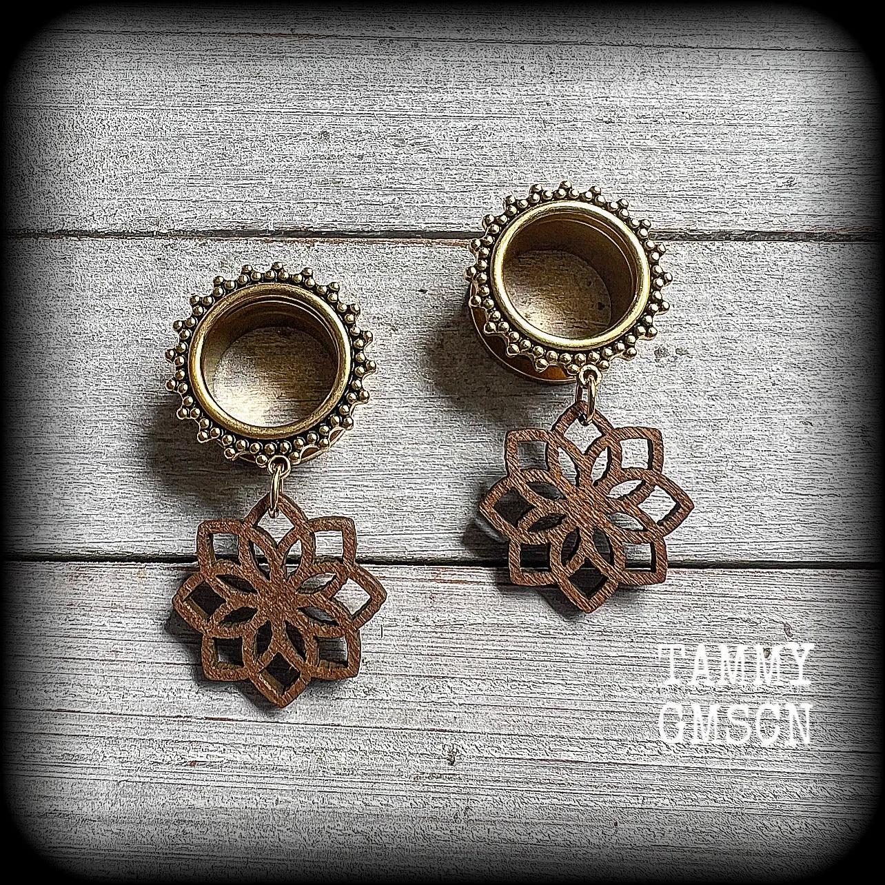 Wood mandala tunnel dangles-Boho gauges