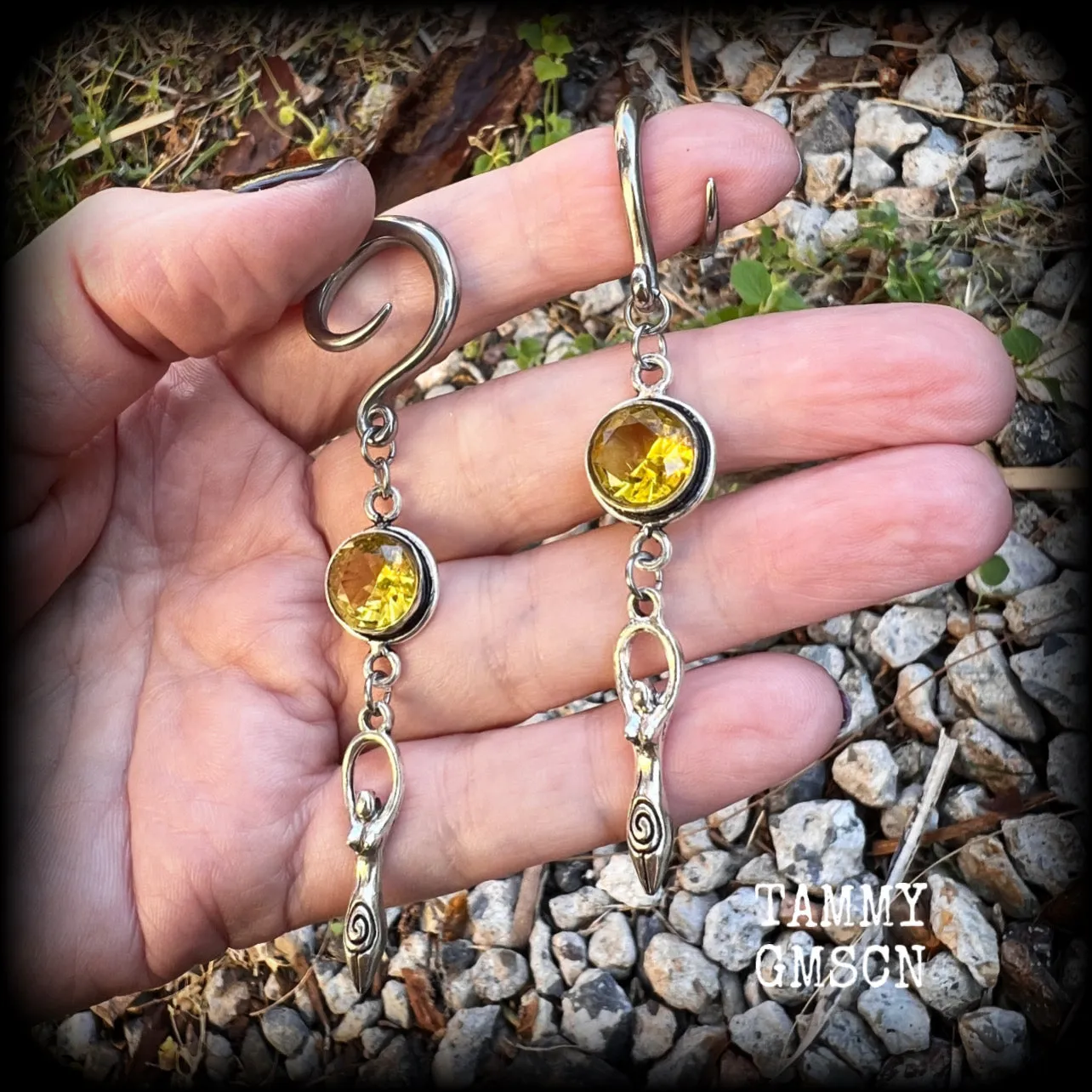 Yellow citrine goddess ear hangers-Spiral goddess ear weights