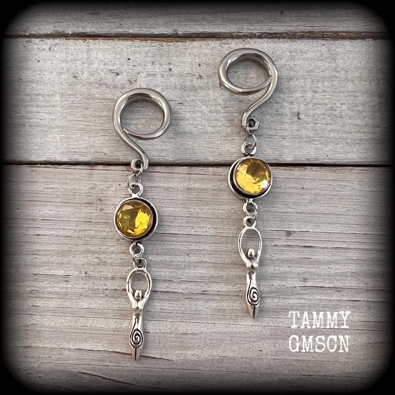 Yellow citrine goddess ear hangers-Spiral goddess ear weights
