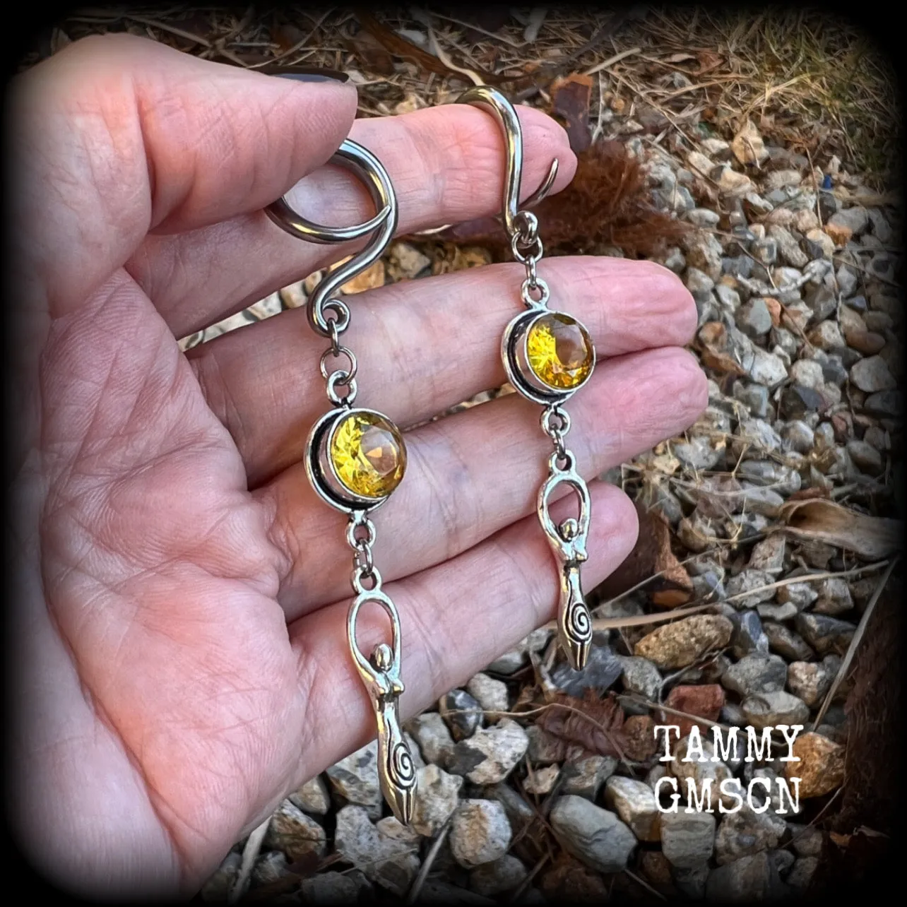 Yellow citrine goddess ear hangers-Spiral goddess ear weights